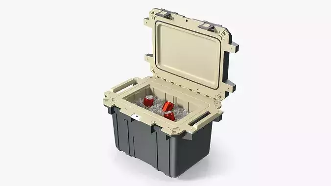 Insulated Camping Cooler Filled with Ice and Aluminum Cans 3D model