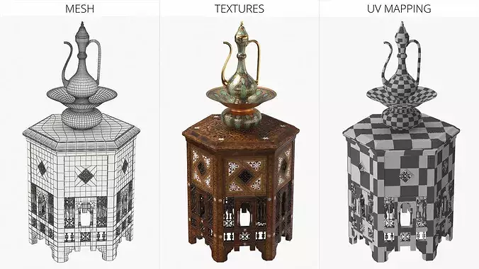 Middle Eastern Pitcher Set on Hand-Carved Side Table 3D model 7