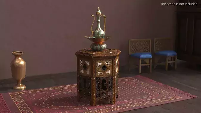 Middle Eastern Pitcher Set on Hand-Carved Side Table 3D model 2