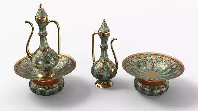 Middle Eastern Pitcher Set on Hand-Carved Side Table 3D model 5