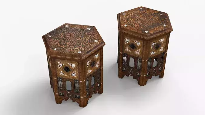 Middle Eastern Pitcher Set on Hand-Carved Side Table 3D model 6