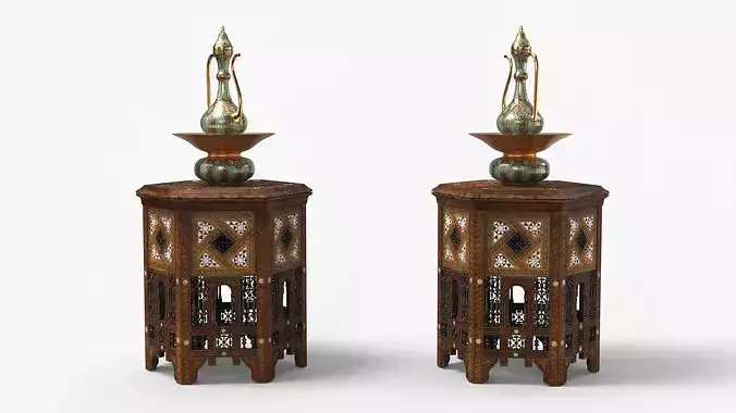 Middle Eastern Pitcher Set on Hand-Carved Side Table 3D model