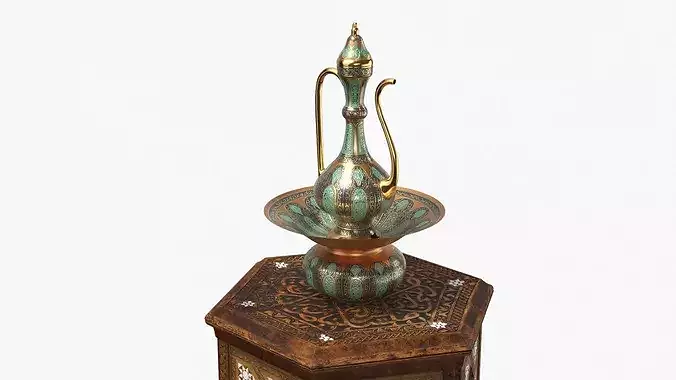 Middle Eastern Pitcher Set on Hand-Carved Side Table 3D model 3
