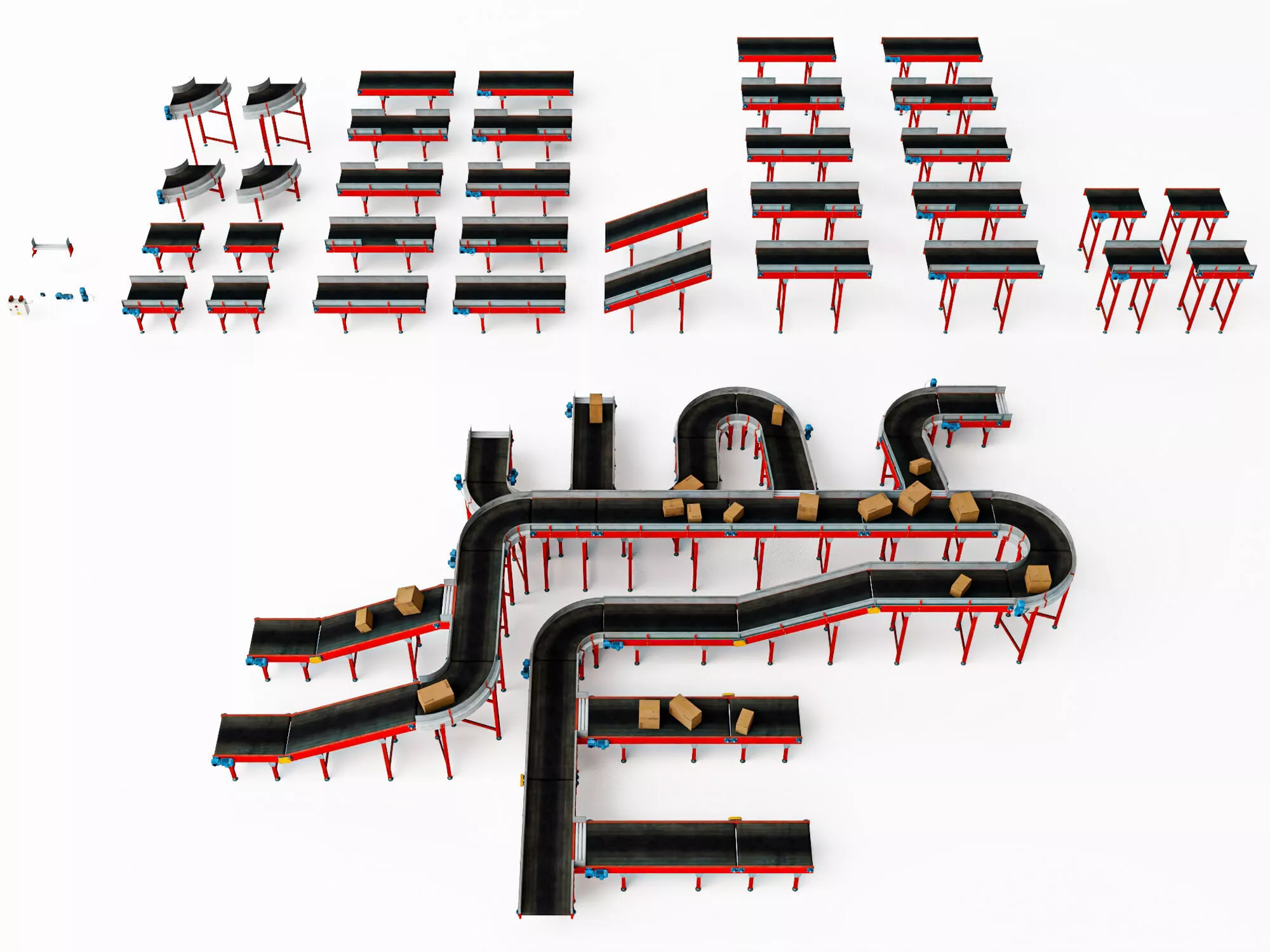 Industrial Conveyor System and Roller Tables Collection Low-poly 3D model