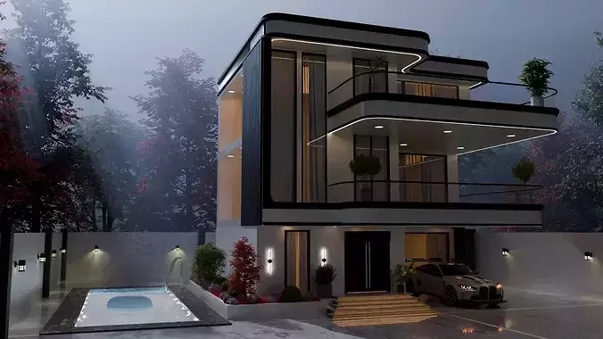 Modern Luxury 3-Story House 3D model 5