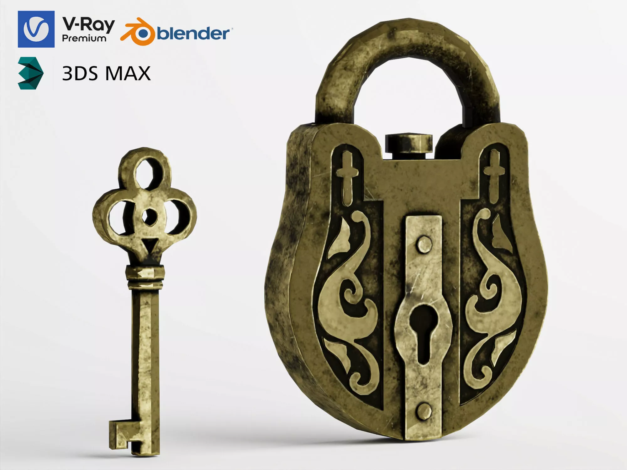 Ornate Padlock and Key Low-poly 3D model