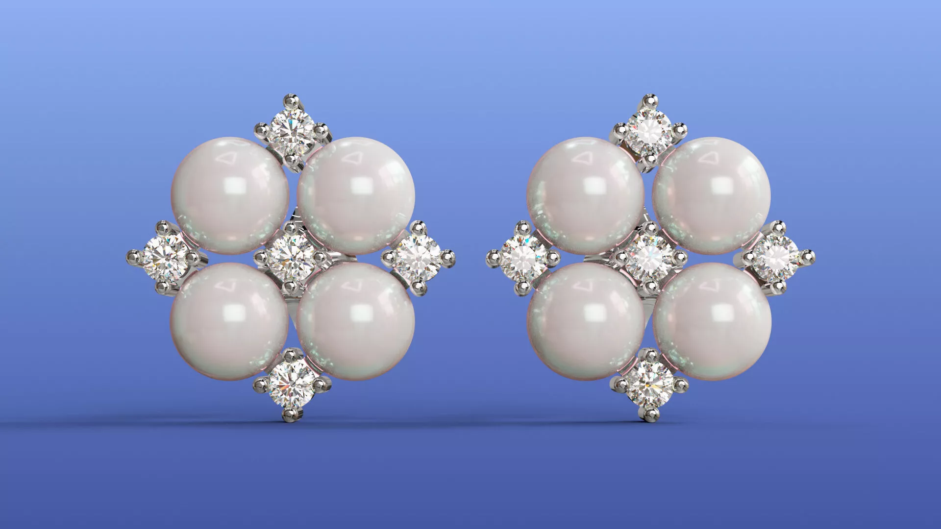 Pearl Diamond Quatrefoil Cluster Stud Earrings CAD Design 3D print model