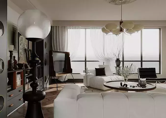 French retro style living mid century modern living 3D model 3