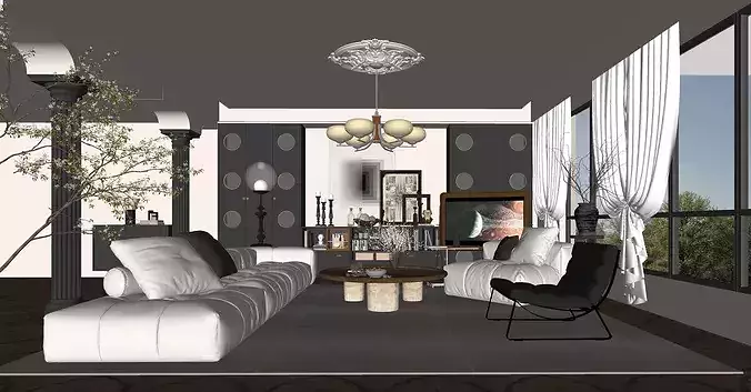 French retro style living mid century modern living 3D model 6