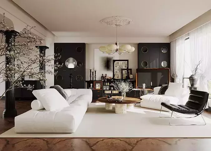 French retro style living mid century modern living 3D model