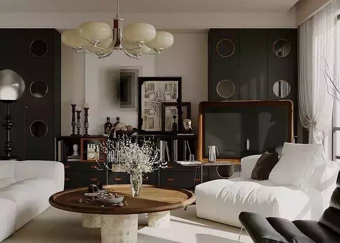 French retro style living mid century modern living 3D model 4