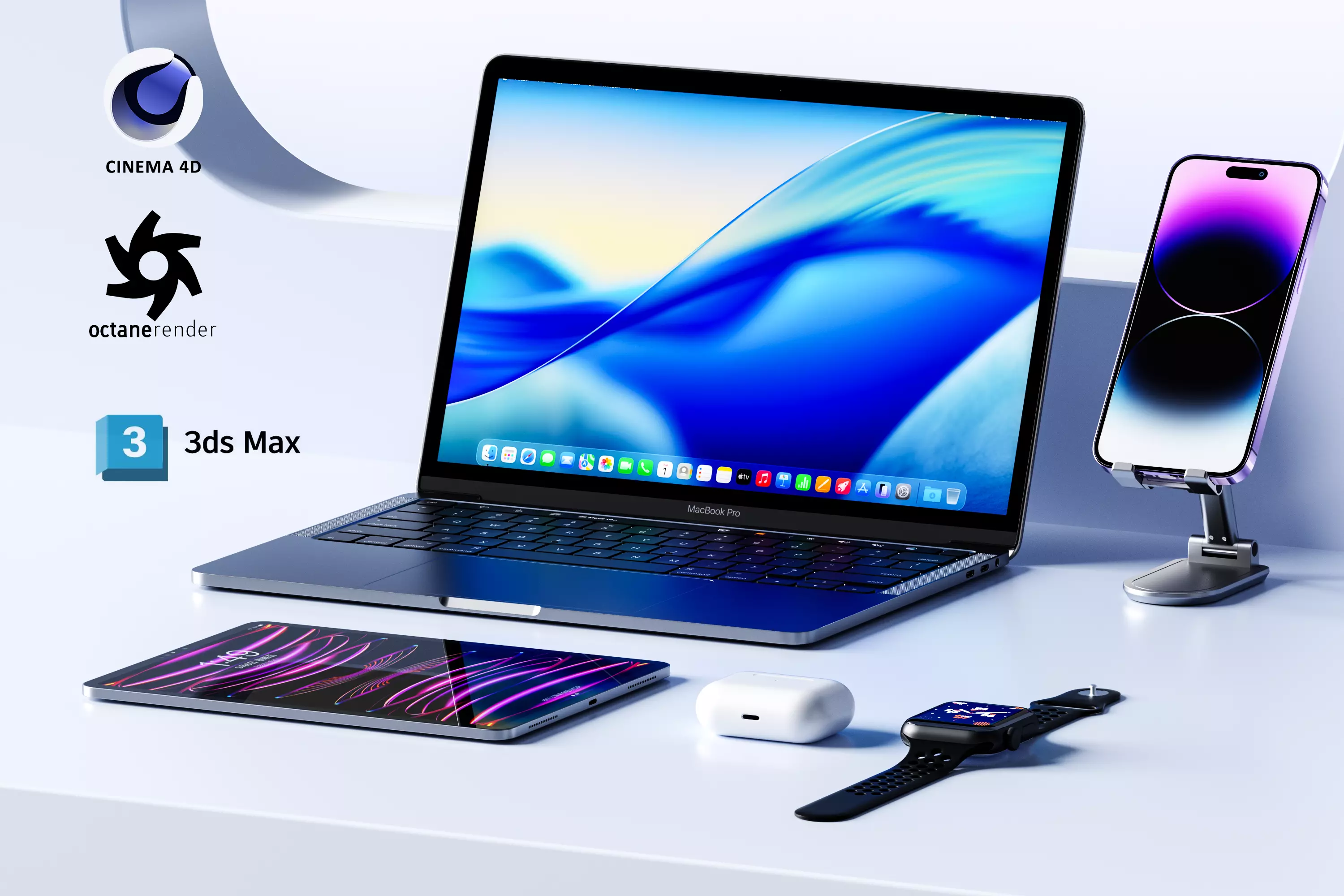 Apple ecosystem MacBook Pro iPad AirPods Apple Watch 3D model