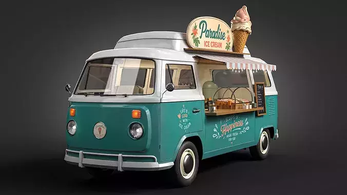 Vintage Ice Cream Van with Detailed Interior 3D Model Low-poly 3D model 3