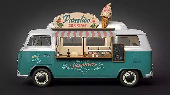 Vintage Ice Cream Van with Detailed Interior 3D Model Low-poly 3D model 4