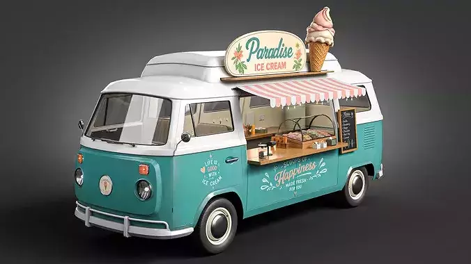 Vintage Ice Cream Van with Detailed Interior 3D Model Low-poly 3D model