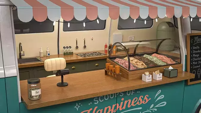 Vintage Ice Cream Van with Detailed Interior 3D Model Low-poly 3D model 7