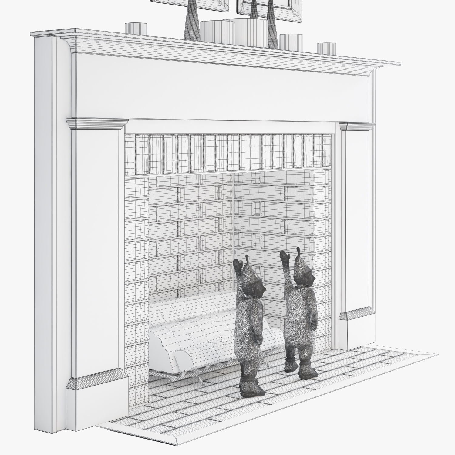Fireplace set 1 mantel with two teddy bears 3D model_6