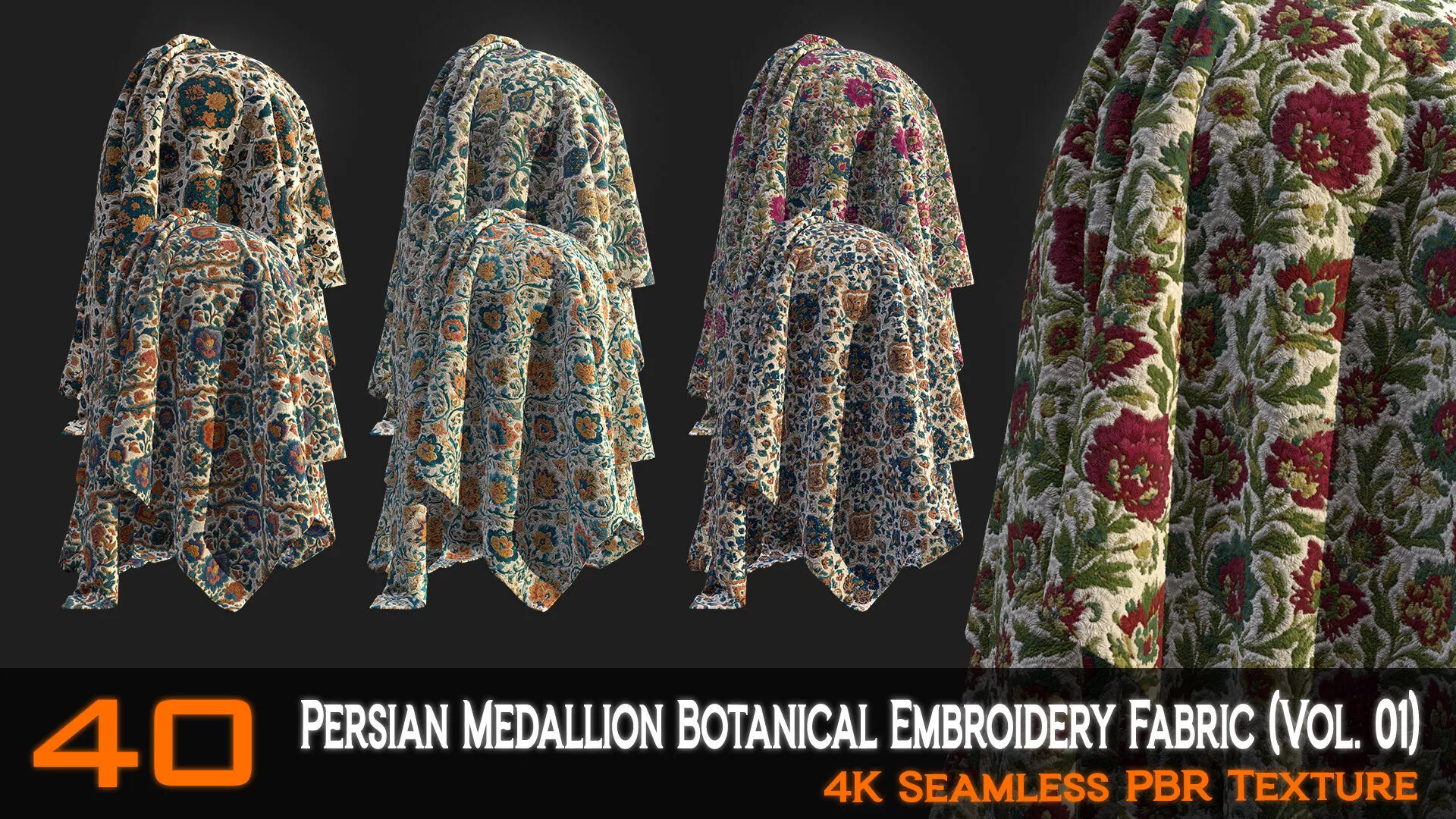 40 Persian Medallion Botanical Embroidery Fabric Texture