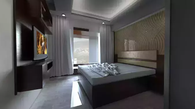 Bedroom model with bed and tv Low-poly 3D model