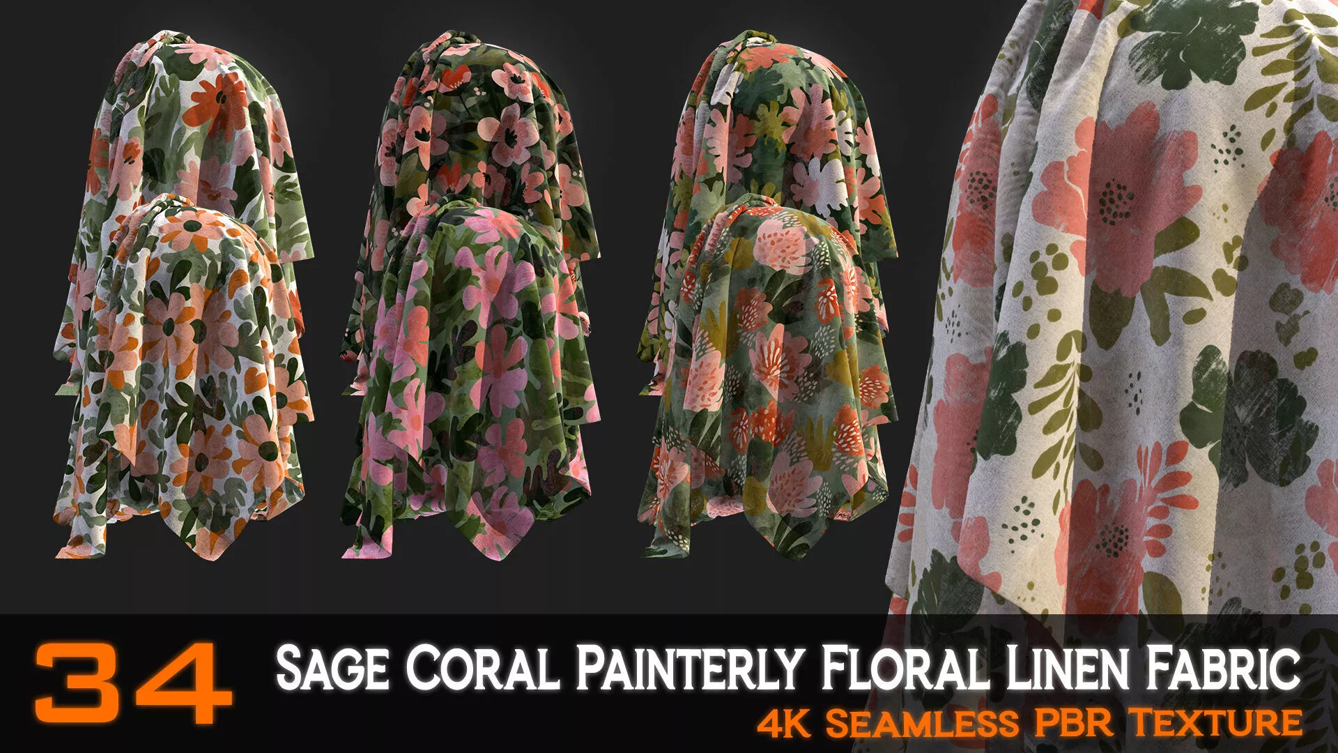 34 Sage Coral Painterly Floral Linen Fabric Patterns Texture
