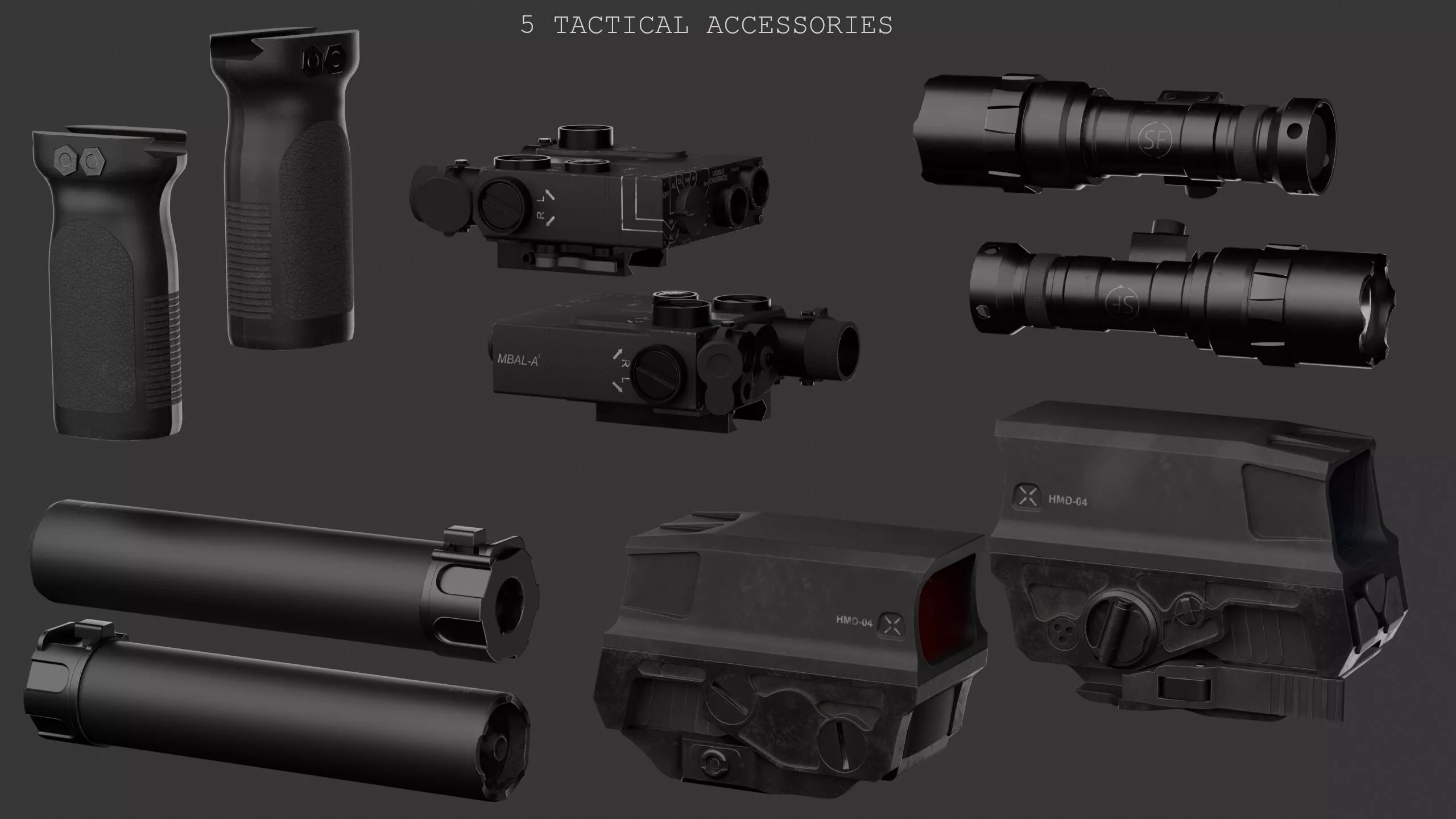 Game Ready Tactical Weapon Accessories Pack Low-poly 3D model
