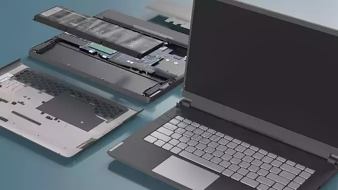 Disassembled High-Performance Laptop with Cooling Fans 3D model 2