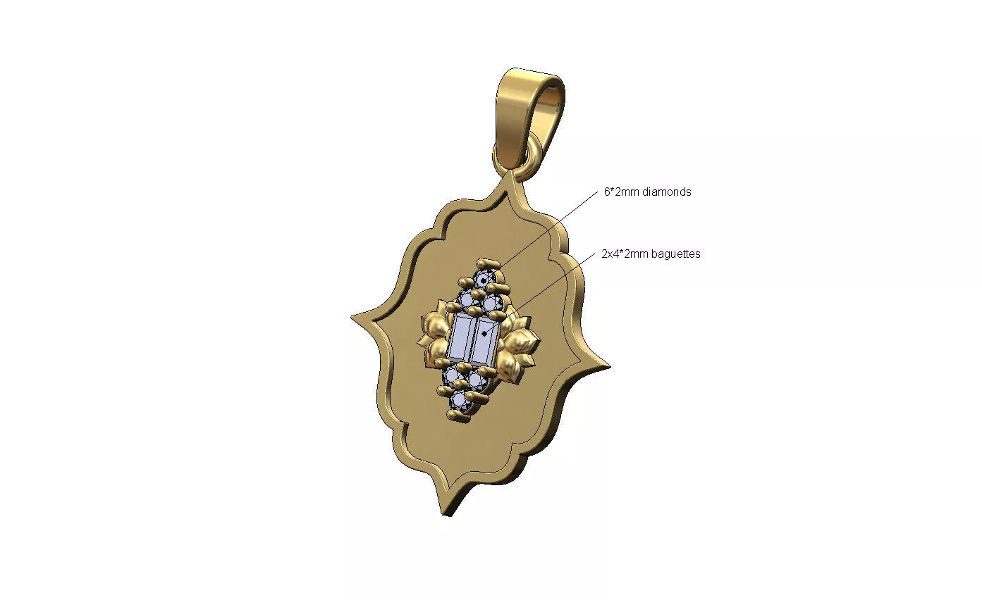 Ornate Beldi diamond baguette lotus cluster pendant 3D print model