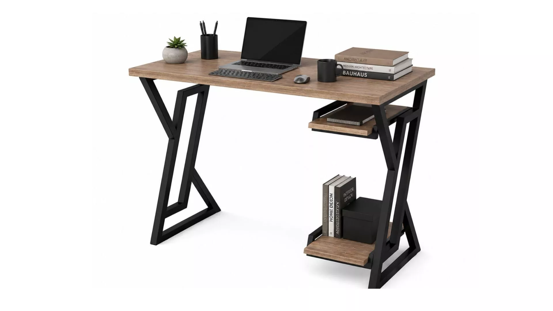Modern Industrial Office Desk with Shelves 3D model