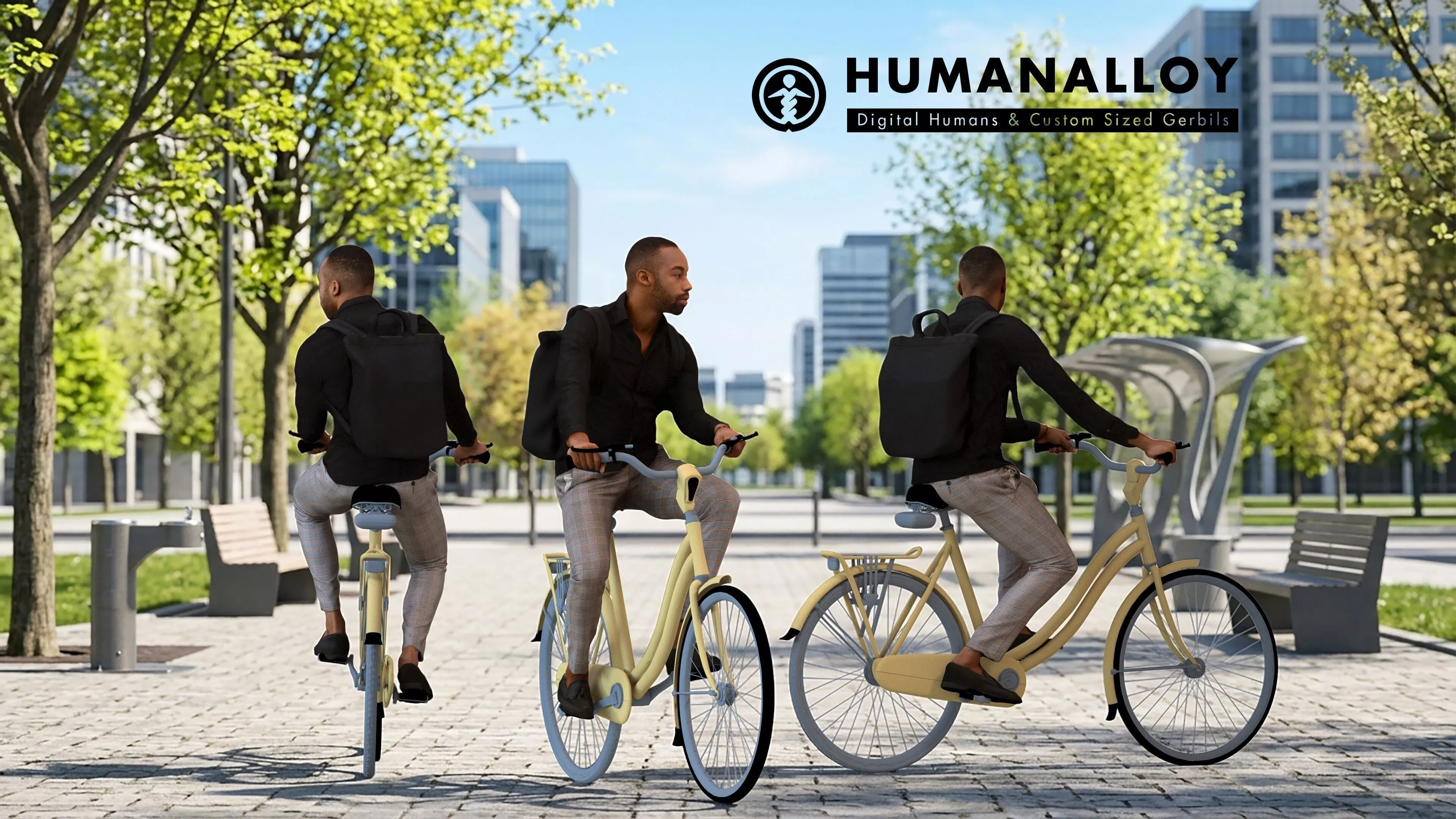 Adult Black male cycling through public space in business 3D model