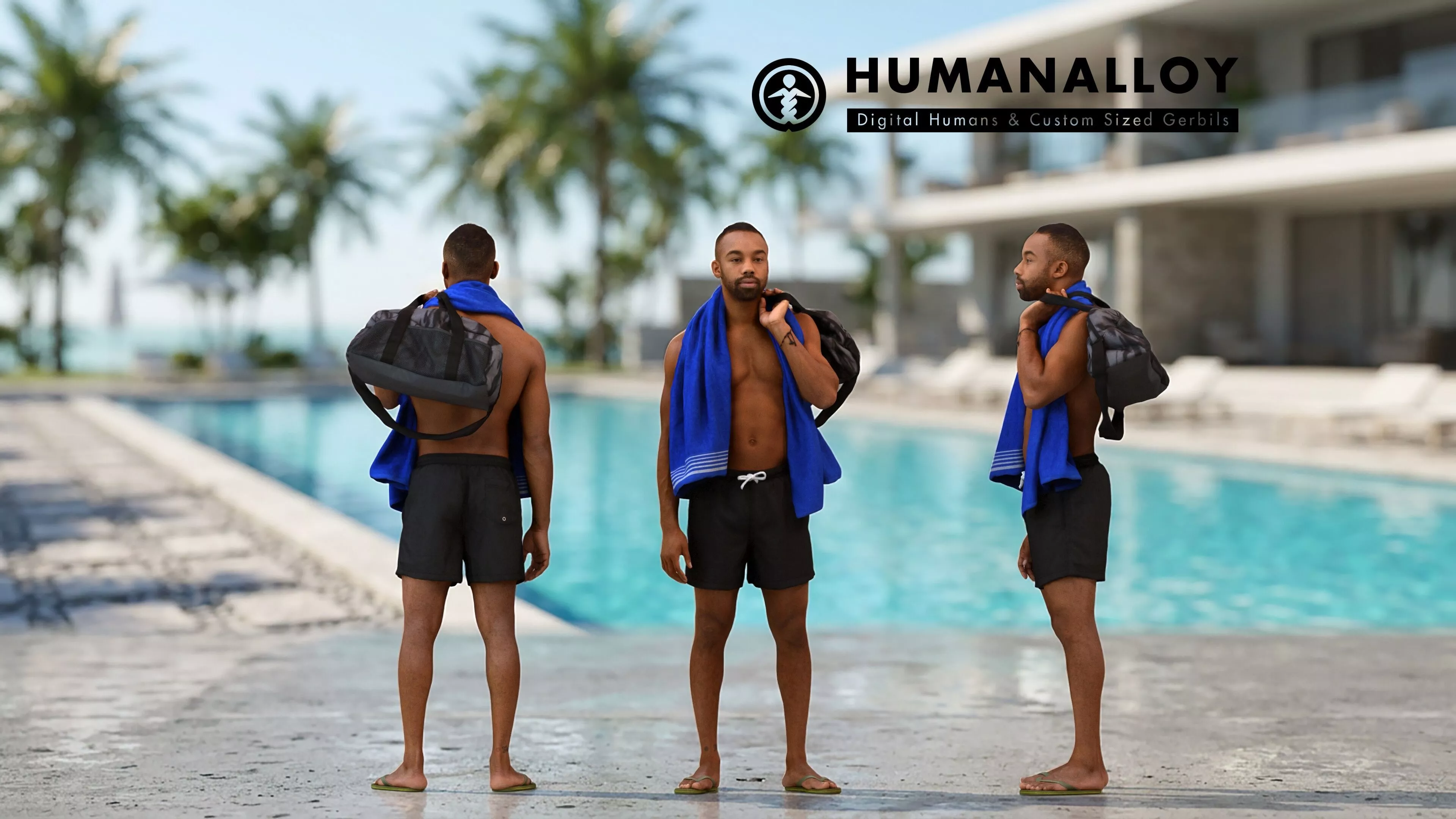 Adult Black male standing with bag in summer sportswear for 3D model