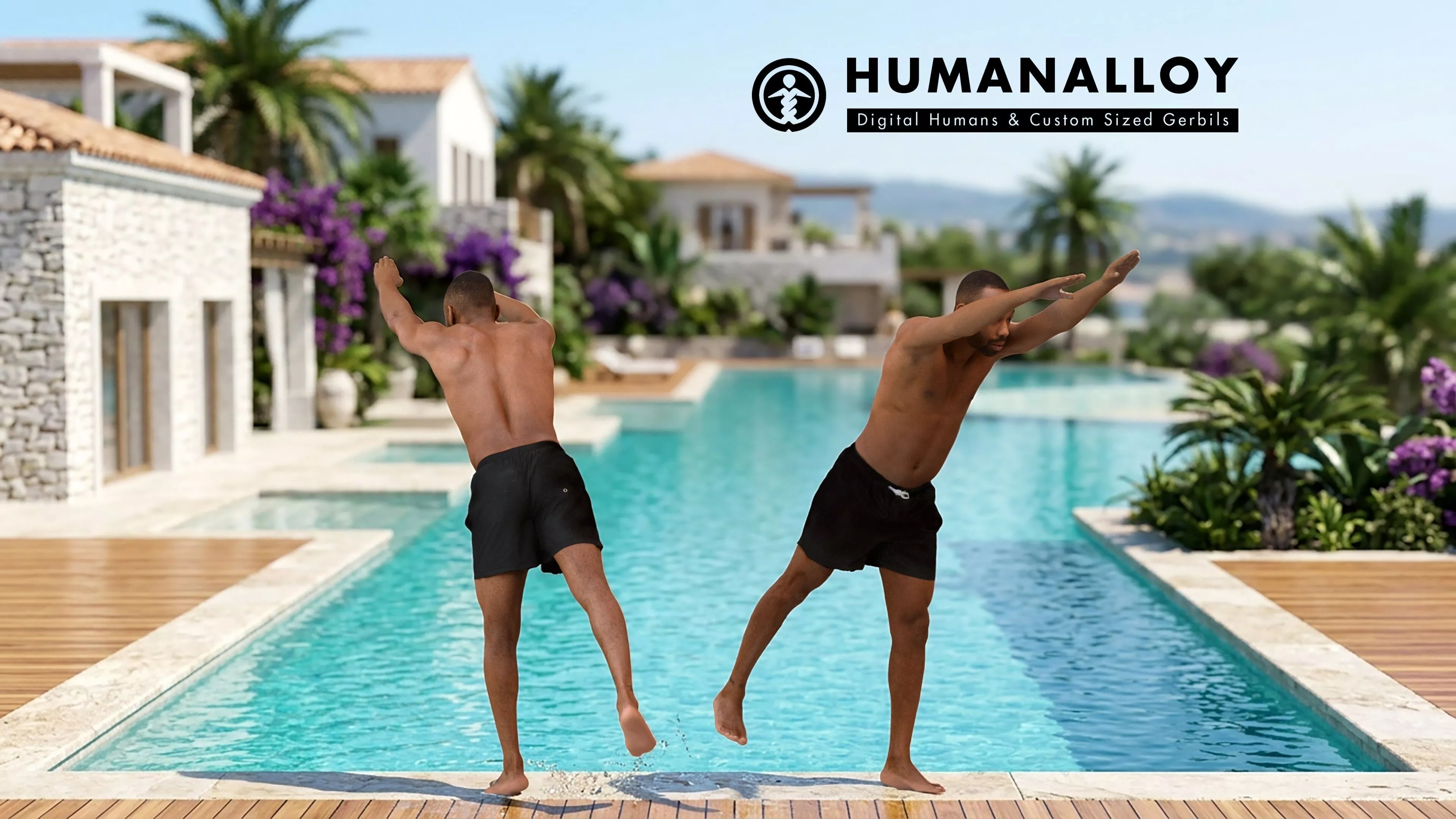 Adult Black man diving into pool wearing swimwear for summer 3D model
