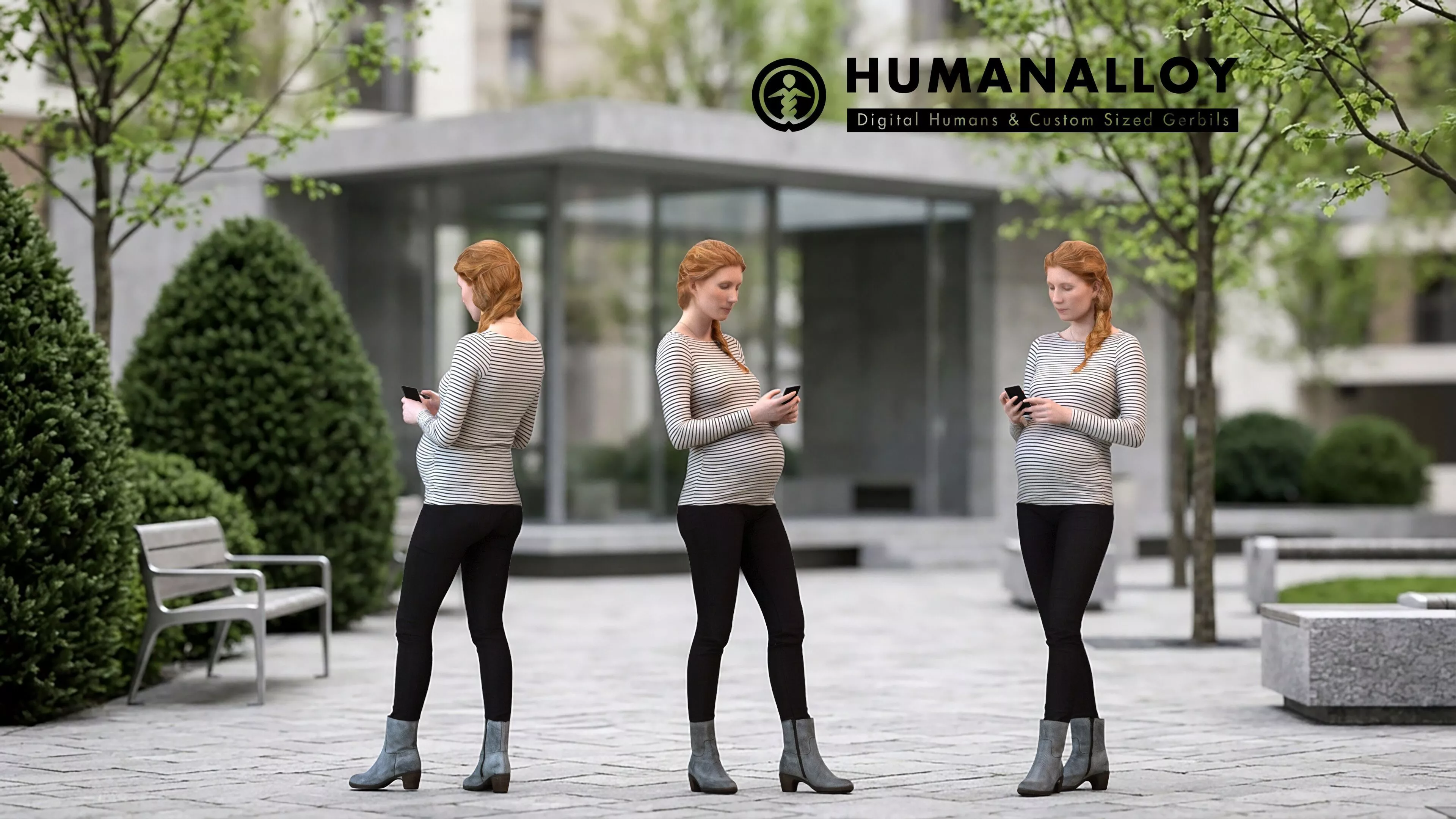 Adult Caucasian woman standing in public space wearing 3D model