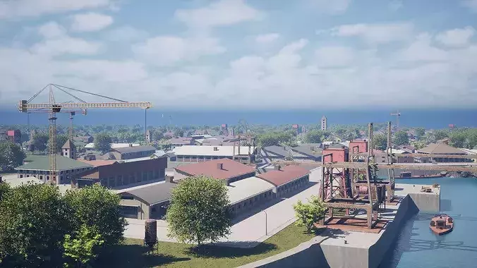 Aerial View of a Historic Harbor Town Low-poly 3D model