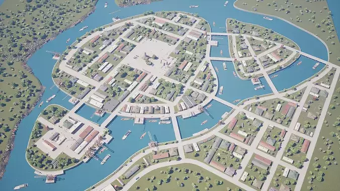 Aerial View of a Historic Harbor Town  Low-poly 3D model 2