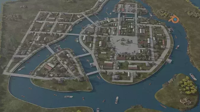 Aerial View of a Historic Harbor Town  Low-poly 3D model 7