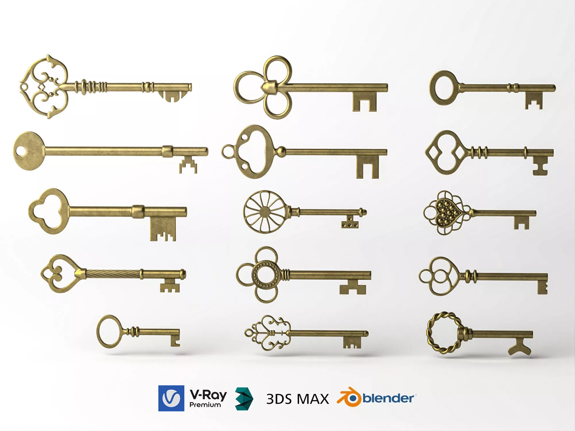 Ornate Vintage Keys Collection Low-poly 3D model