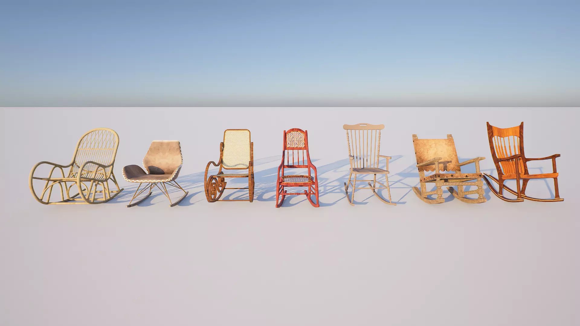 Classic Rocking Chair Set - 7 Unique 3D Models Low-poly 3D model