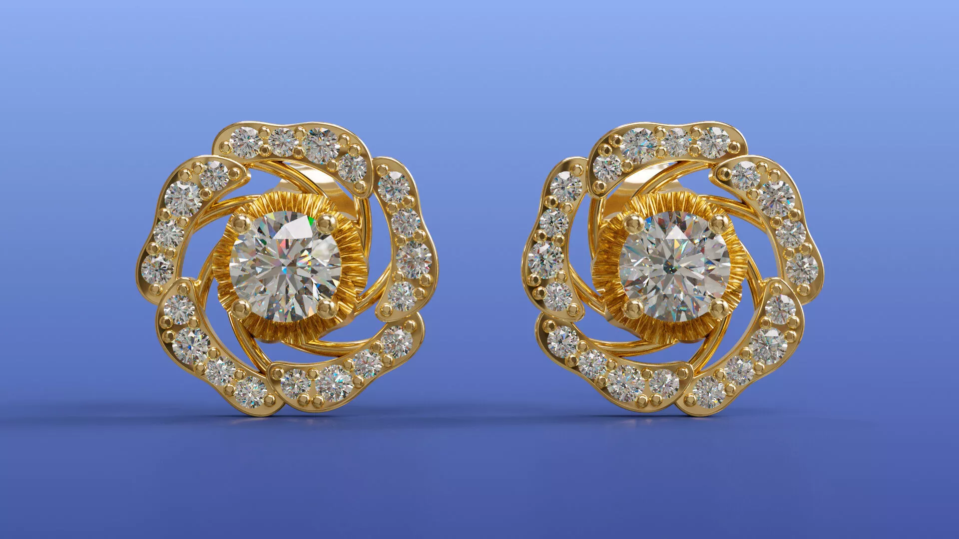 Floral Swirl Rose Halo Diamond Stud Earrings 3D print model