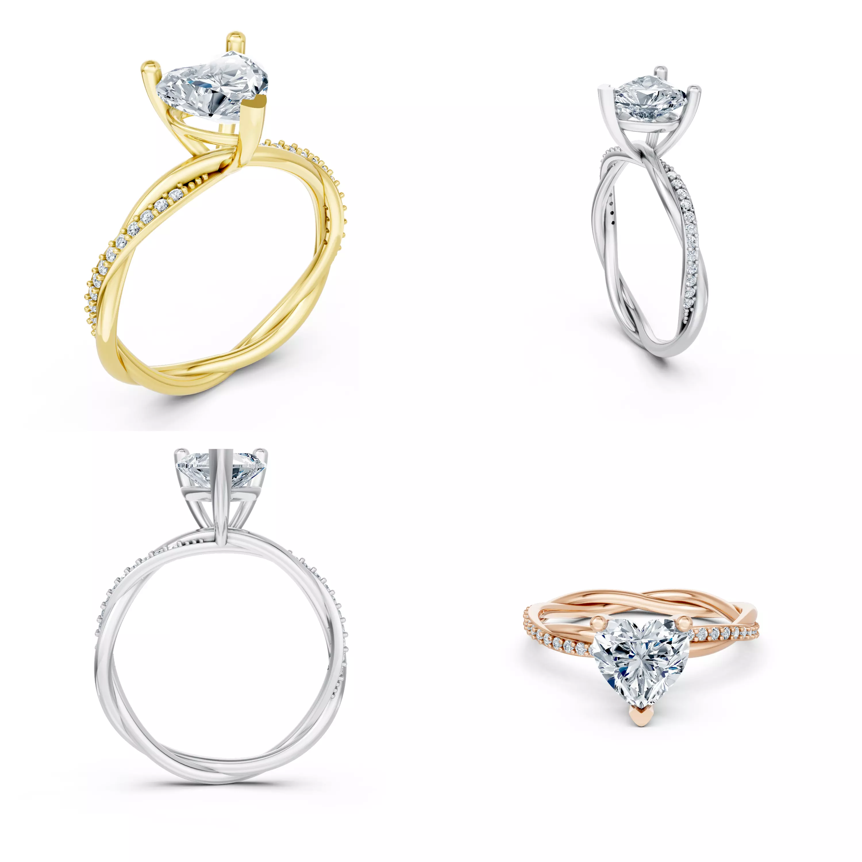 Heart Shape Twisted Engagement Ring CAD Model STL 3DM Set 3D print model