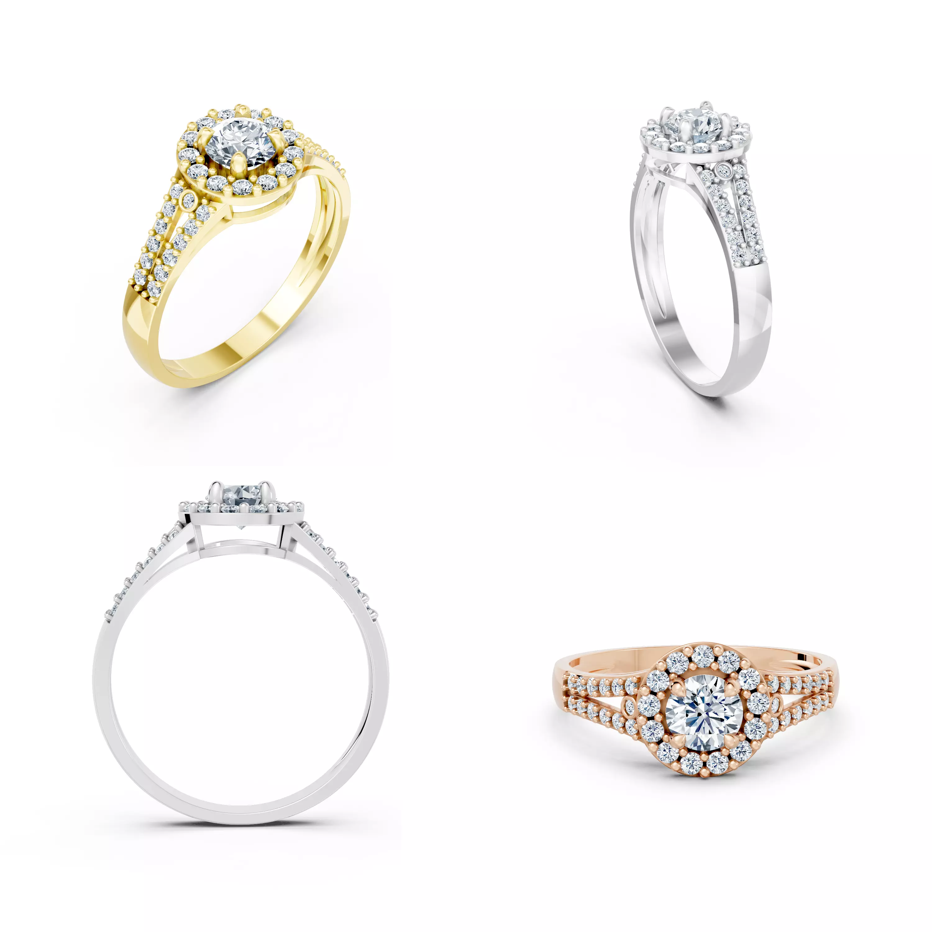 Round Halo Diamond Engagement Ring CAD Model STL 3DM File 3D print model