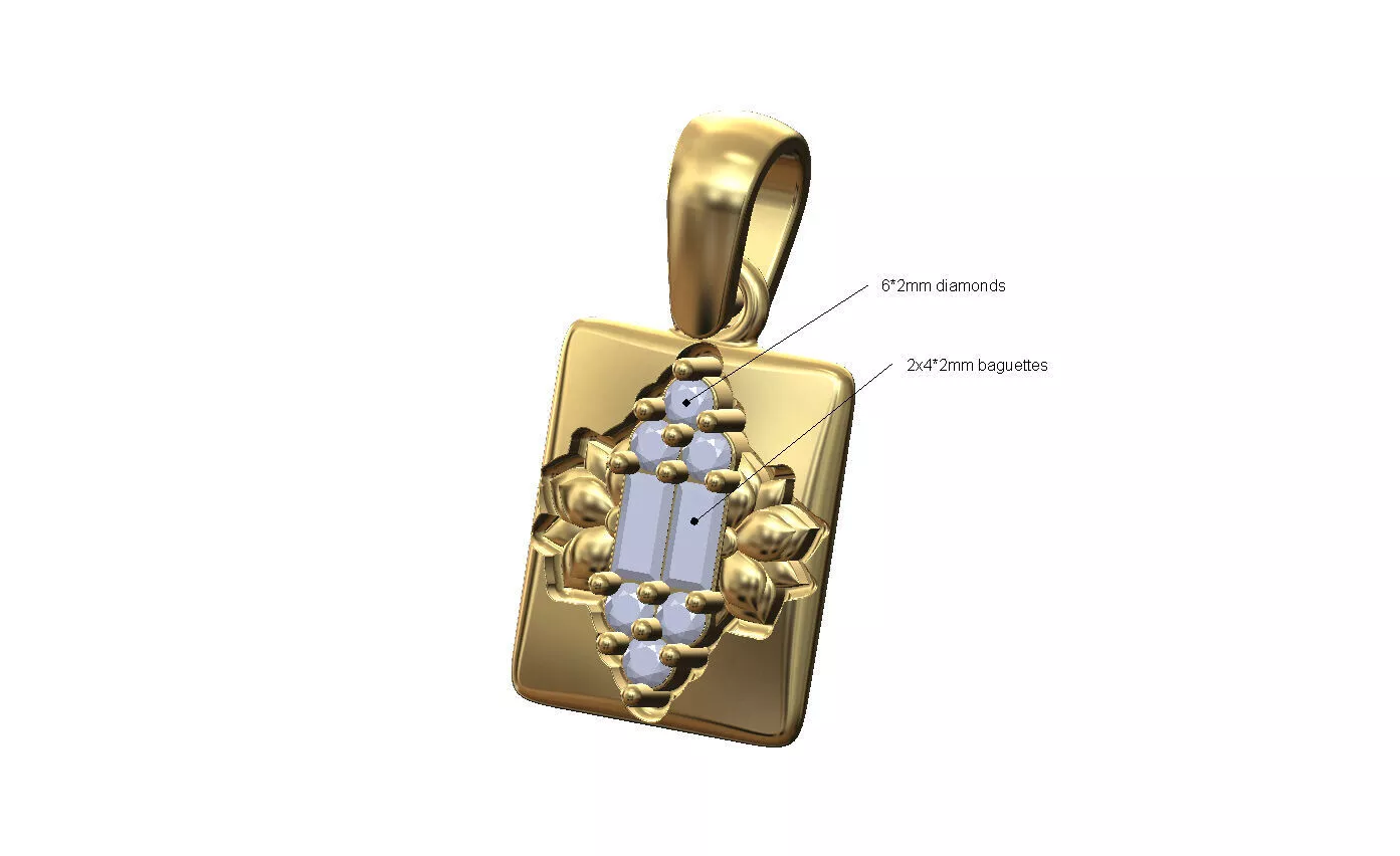 Rectangular cushion Beldi diamond baguette lotus cluster pendant 3D print model