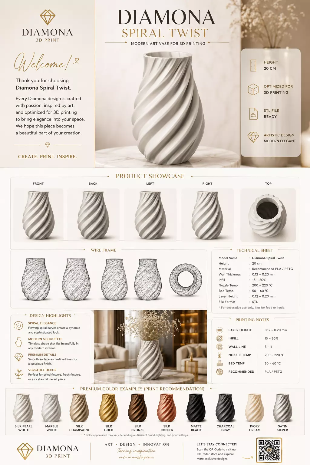 Diamona Spiral Twist Modern Spiral Vase for 3D Printing 3D print model