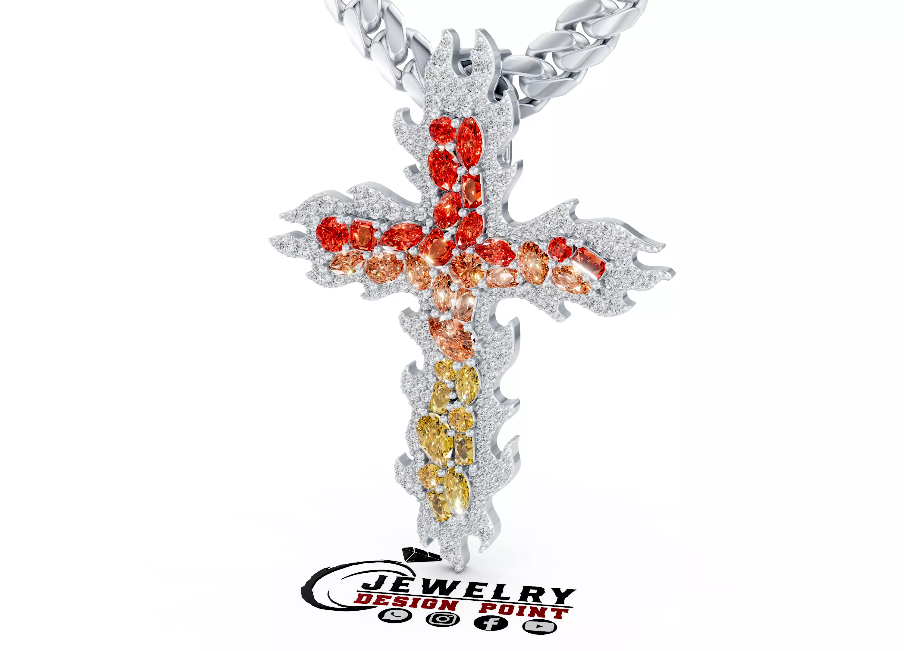 Custom Outer Fire Diamond Cross Pendant with Fancy Mixed Stones 3D print model