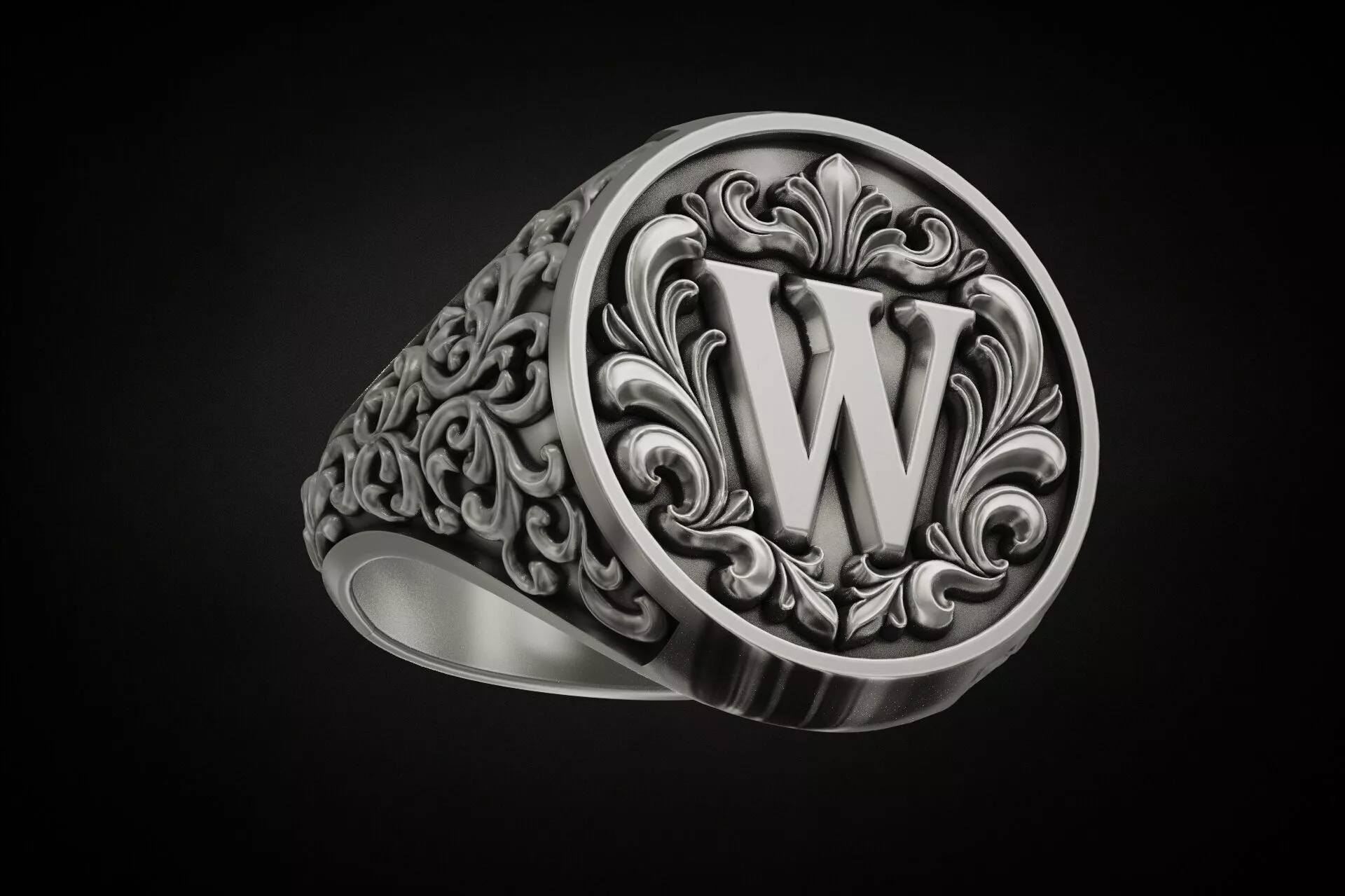 Letter W Ornamental Signet Ring 3D print model