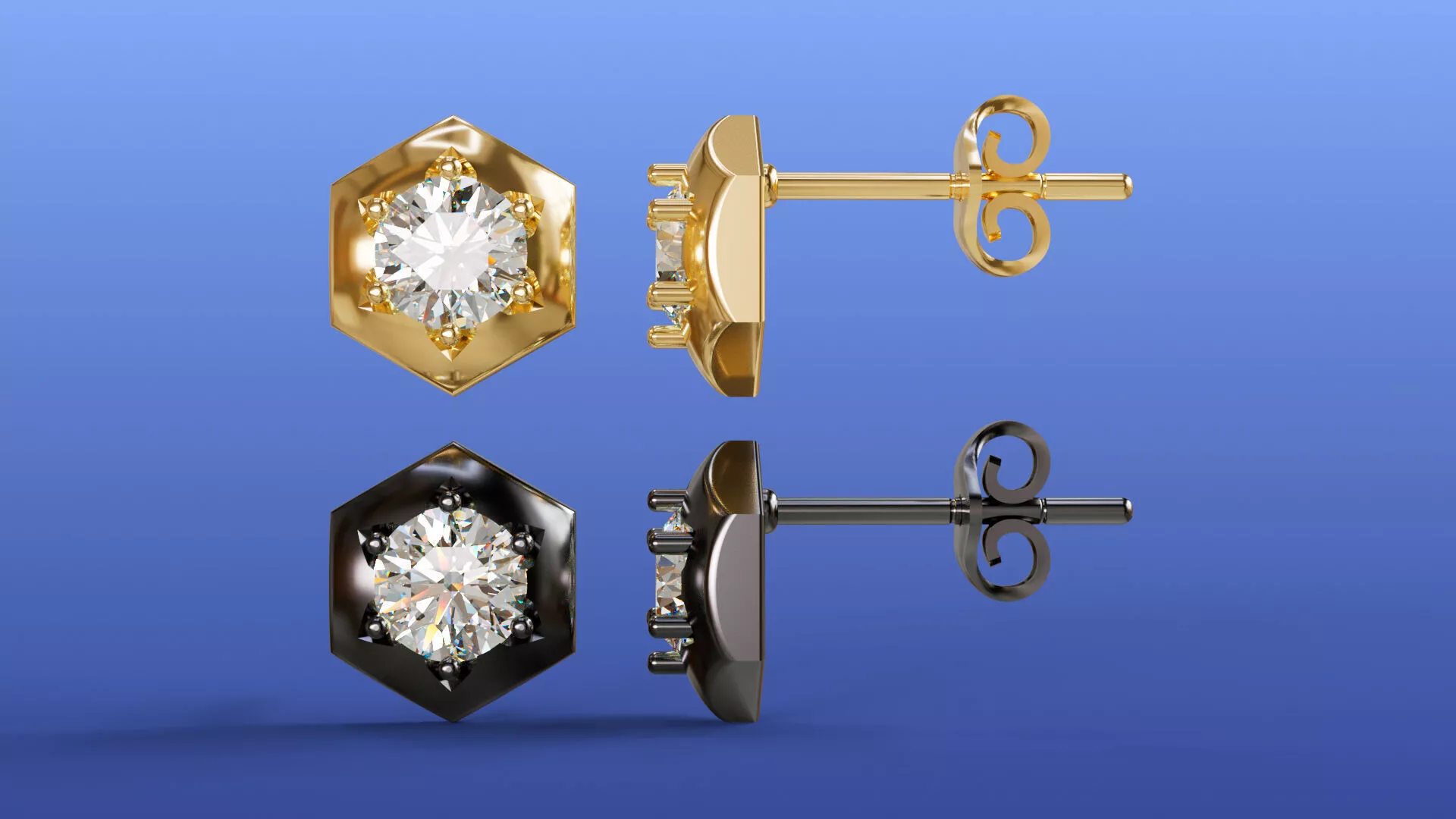 Hexagonal Halo Round Diamond Stud Earrings 3D print model