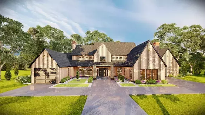 Modern Luxury Farmhouse Exterior Photorealistic Render 3D model 5