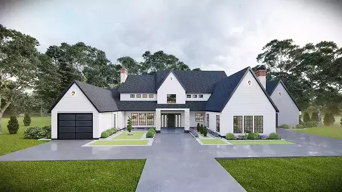 Modern Luxury Farmhouse Exterior Photorealistic Render 3D model 3