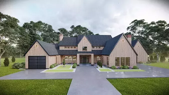Modern Luxury Farmhouse Exterior Photorealistic Render 3D model 4