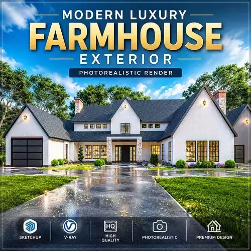 Modern Luxury Farmhouse Exterior Photorealistic Render 3D model