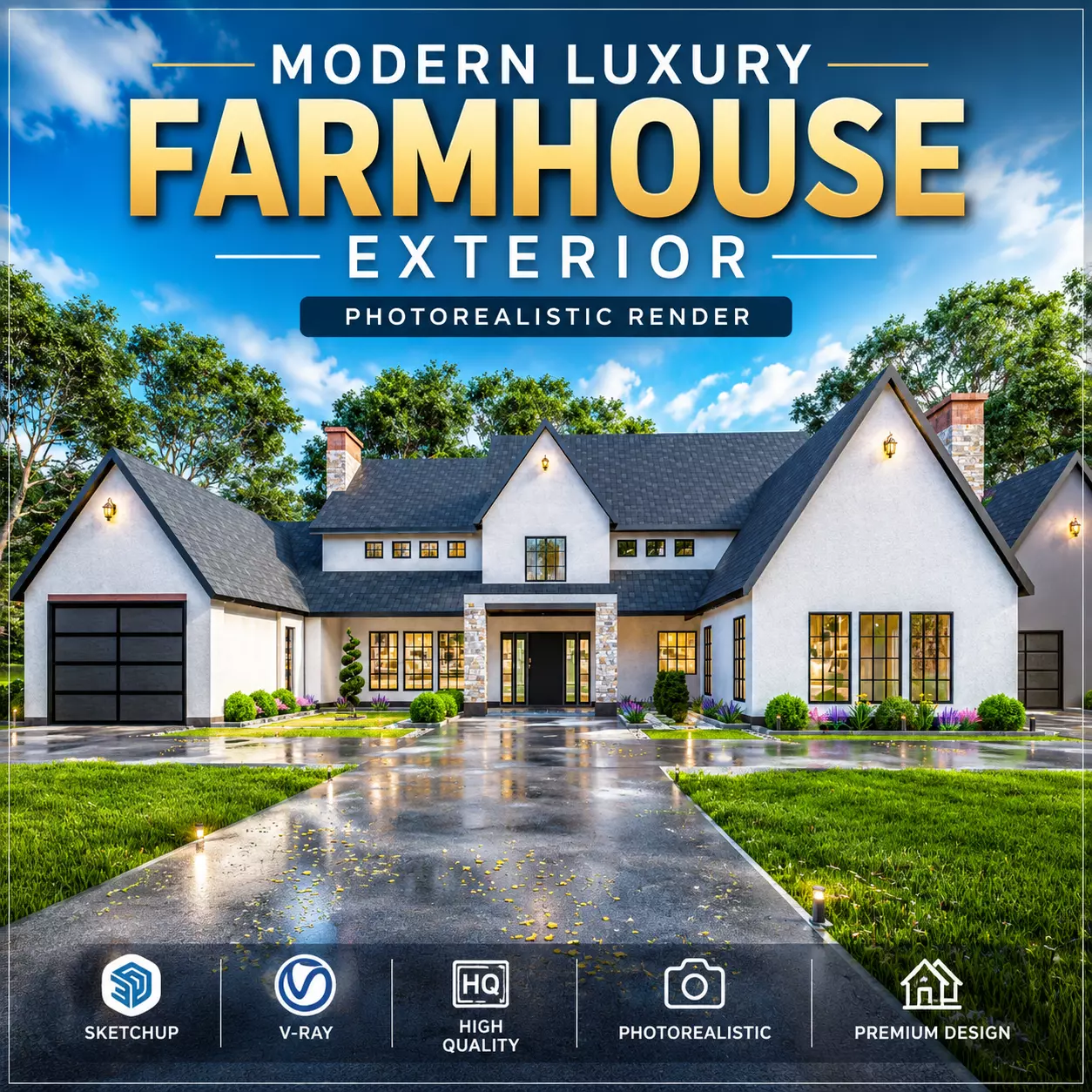 Modern Luxury Farmhouse Exterior Photorealistic Render 3D model